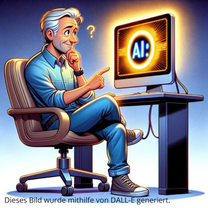 Schreiben mit ChatGPT, 1. Gebot: Misstraue der KI! Ein Mann um die 50 blickt skeptisch auf den Bildschirm seines Computers. Dort steht: KI.