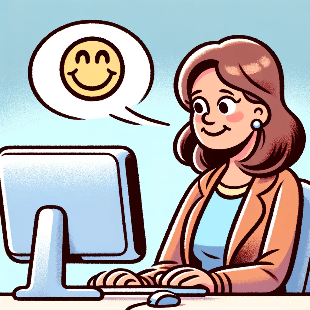 Eine Frau blickt zufrieden auf Ihren Computer, der ihr mit einem Smiley symbolisiert, dass er sie gut versteht. 